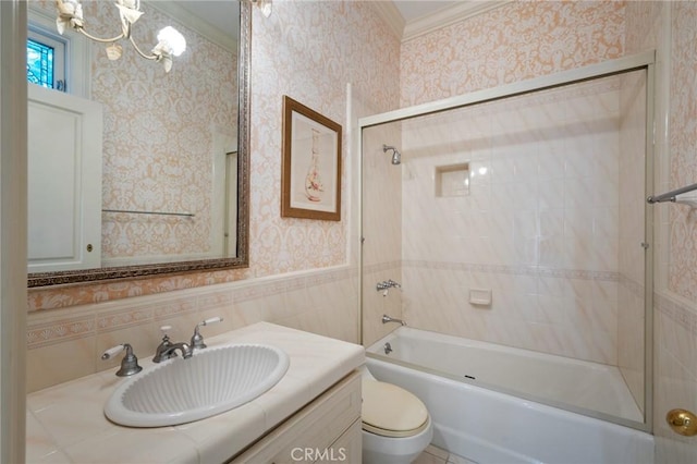 2736 Via Victoria, Palos Verdes Estates, CA 90274 - bathroom featuring toilet, vanity, shower / tub combination, wallpapered walls, and ornamental molding