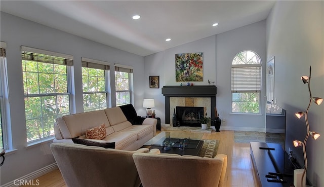 living room featuring lofted ceiling and a healthy amount of sunlight