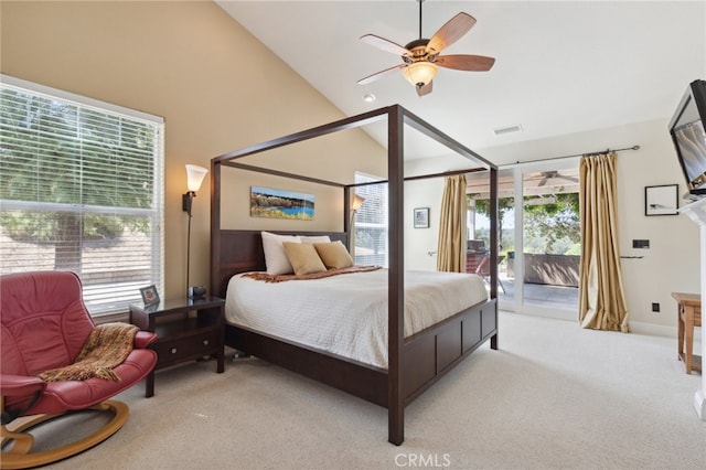 carpeted bedroom featuring high vaulted ceiling, multiple windows, access to exterior, and ceiling fan