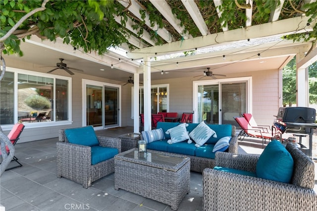 view of patio / terrace with an outdoor hangout area, ceiling fan, and grilling area