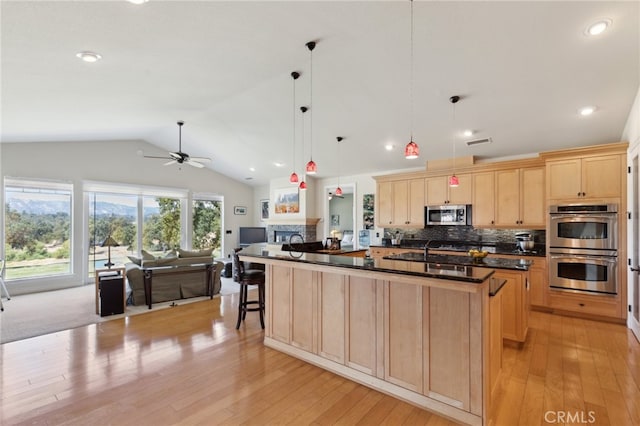 kitchen with an island with sink, stainless steel appliances, light hardwood / wood-style floors, and ceiling fan