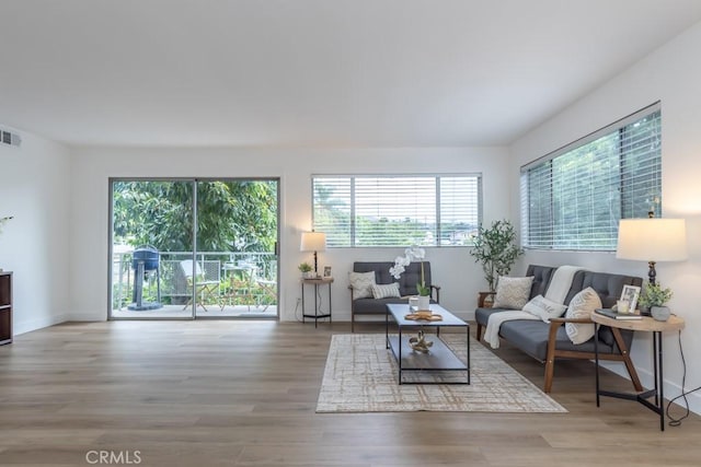 living room with light hardwood / wood-style flooring