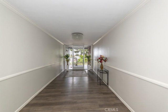 hall featuring crown molding and dark hardwood / wood-style floors