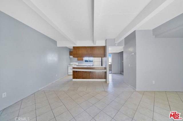 kitchen featuring kitchen peninsula, white range oven, and light tile patterned flooring