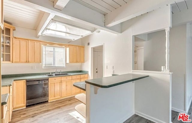 kitchen featuring dishwasher, sink, light wood-type flooring, light brown cabinetry, and kitchen peninsula