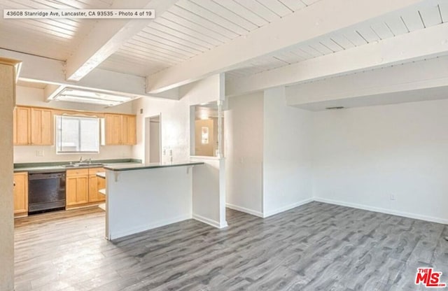 kitchen featuring wood ceiling, beam ceiling, light brown cabinets, black dishwasher, and light hardwood / wood-style floors