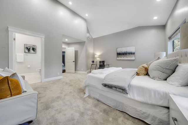 bedroom featuring high vaulted ceiling, light carpet, and connected bathroom