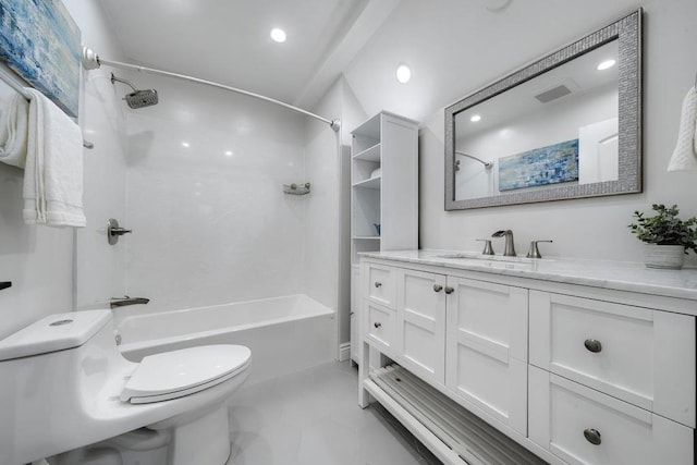 full bathroom featuring bathtub / shower combination, vanity, and toilet