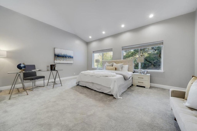 carpeted bedroom featuring vaulted ceiling