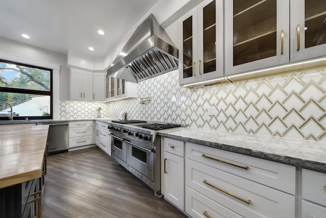 kitchen with dark wood-type flooring, exhaust hood, white cabinets, light stone countertops, and appliances with stainless steel finishes