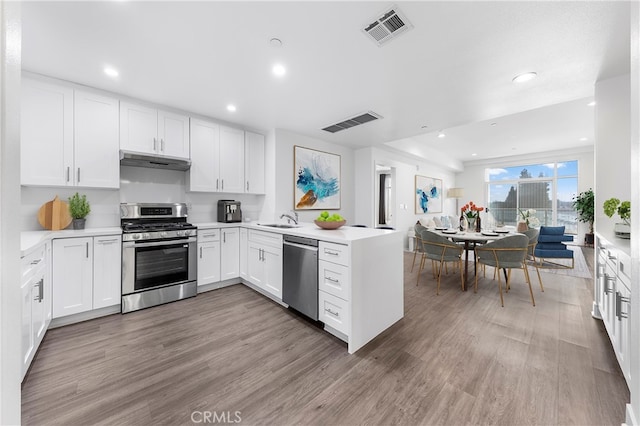 kitchen featuring appliances with stainless steel finishes, kitchen peninsula, and white cabinetry