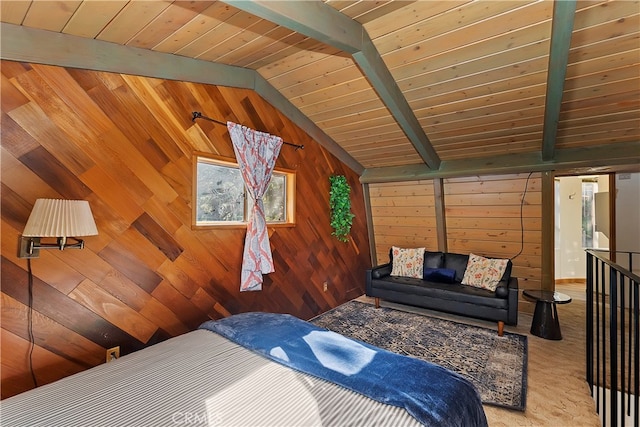 bedroom with wood ceiling, wood walls, and lofted ceiling with beams