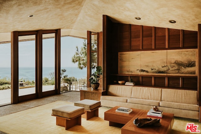 interior space featuring a water view