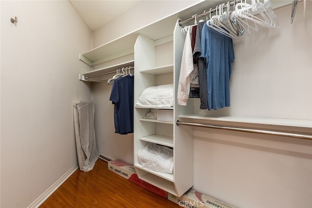 walk in closet with dark hardwood / wood-style flooring