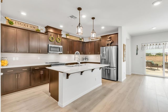 kitchen with stainless steel appliances, backsplash, a kitchen island with sink, hanging light fixtures, and sink