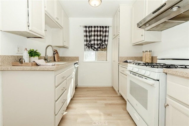 kitchen featuring white cabinets, ventilation hood, sink, light hardwood / wood-style flooring, and white range with gas stovetop