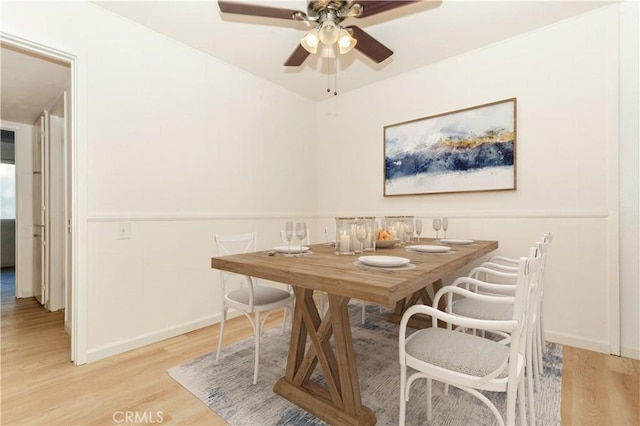 dining space with ceiling fan and light wood-type flooring