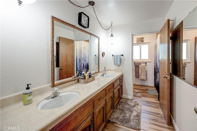 bathroom with vanity and wood-type flooring