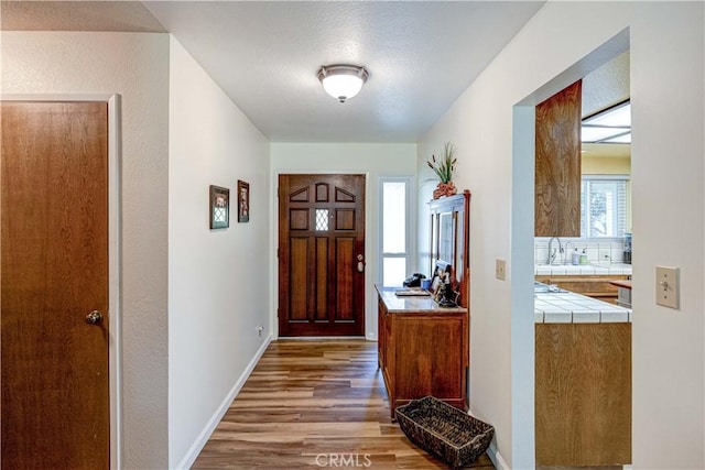 doorway to outside featuring sink and light hardwood / wood-style flooring