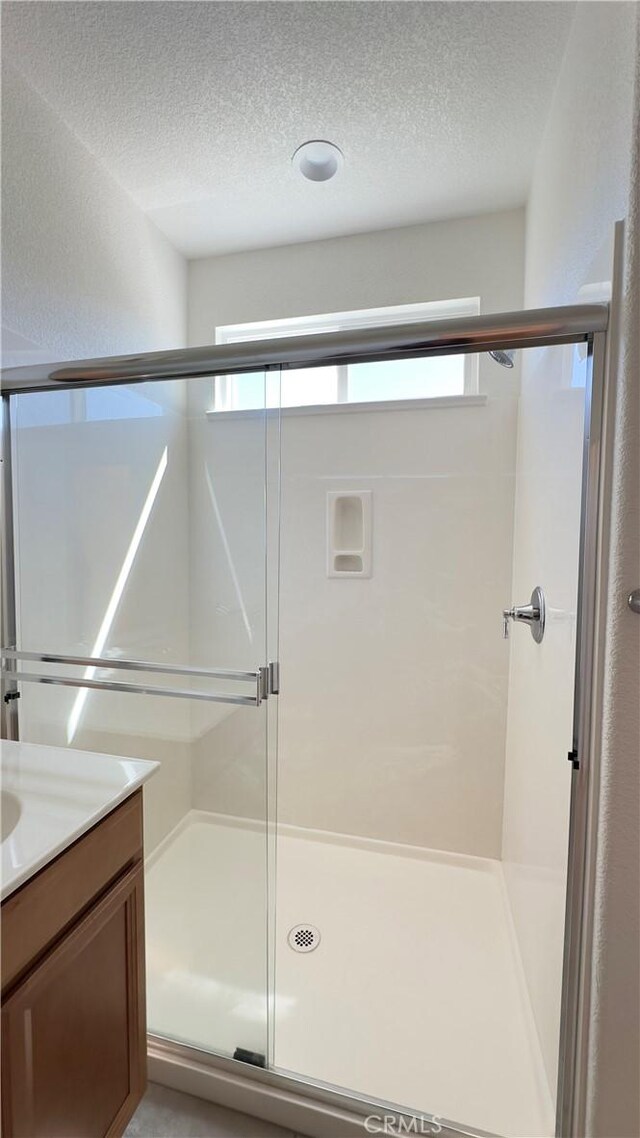 bathroom with vanity, a wealth of natural light, a shower with door, and a textured ceiling