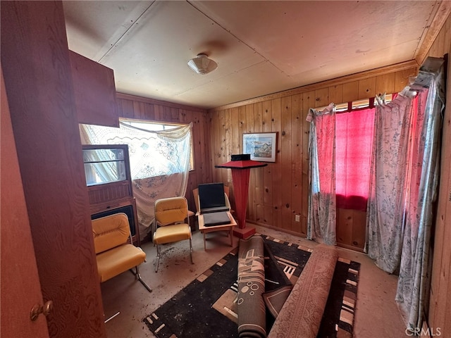 sitting room featuring wooden walls