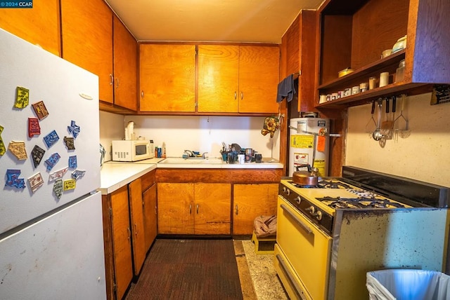 kitchen featuring white appliances, sink, and gas water heater