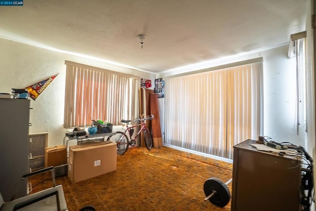 bedroom featuring dark colored carpet