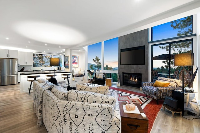 living room featuring expansive windows, light hardwood / wood-style floors, and a tiled fireplace