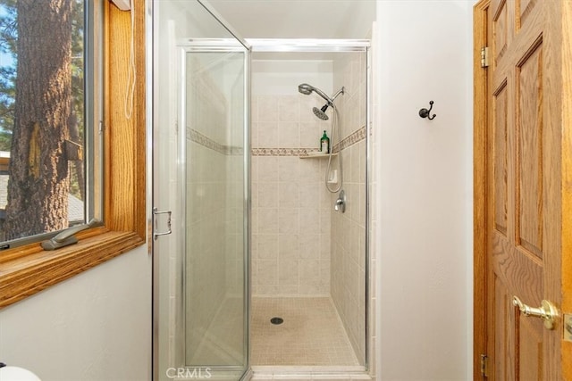 bathroom with a shower with shower door