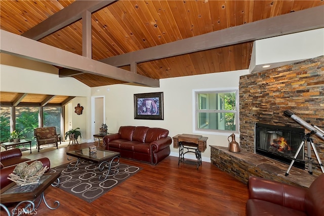 living room featuring vaulted ceiling with beams, a fireplace, dark hardwood / wood-style floors, and wood ceiling