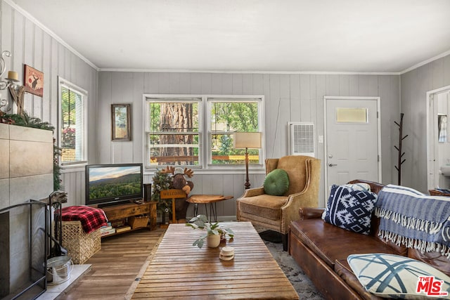 living room featuring wood-type flooring, a fireplace, and ornamental molding