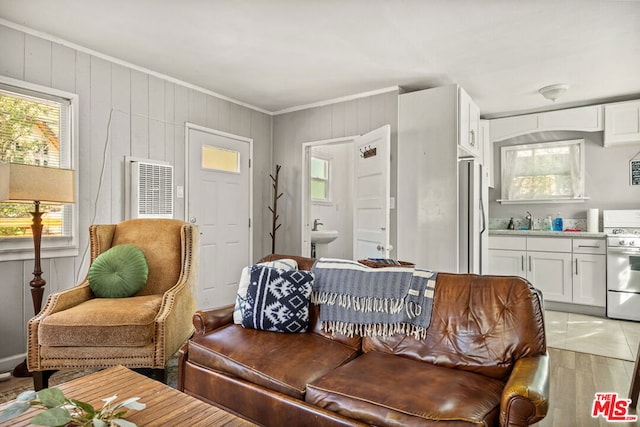 living room featuring crown molding, hardwood / wood-style floors, and sink