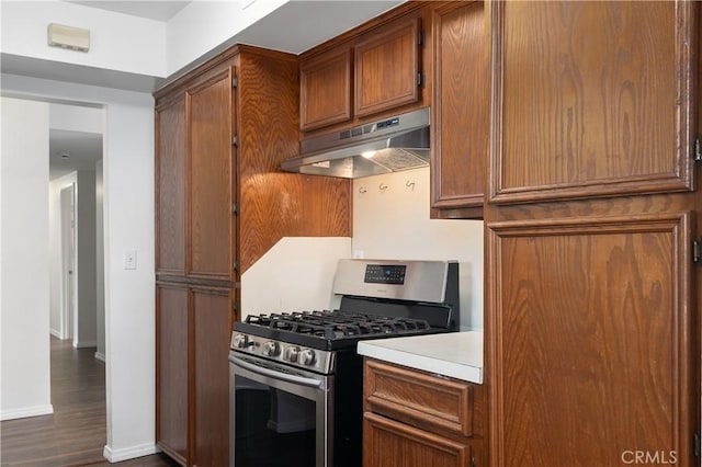 kitchen featuring stainless steel range with gas cooktop and dark wood-type flooring