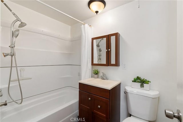 full bathroom featuring vanity, toilet, and shower / bathtub combination with curtain