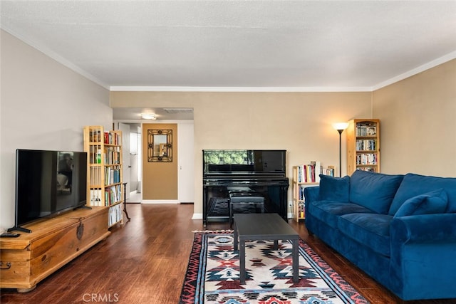 living room featuring a textured ceiling, ornamental molding, and dark wood-type flooring