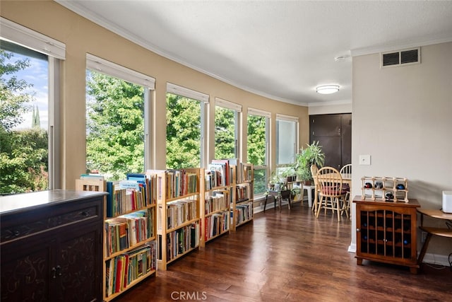 sitting room featuring a textured ceiling, ornamental molding, and dark wood-type flooring