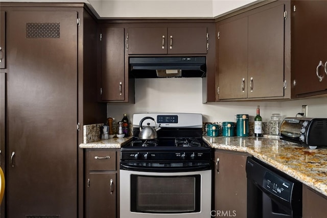 kitchen with black dishwasher, light stone counters, gas range, dark brown cabinetry, and extractor fan