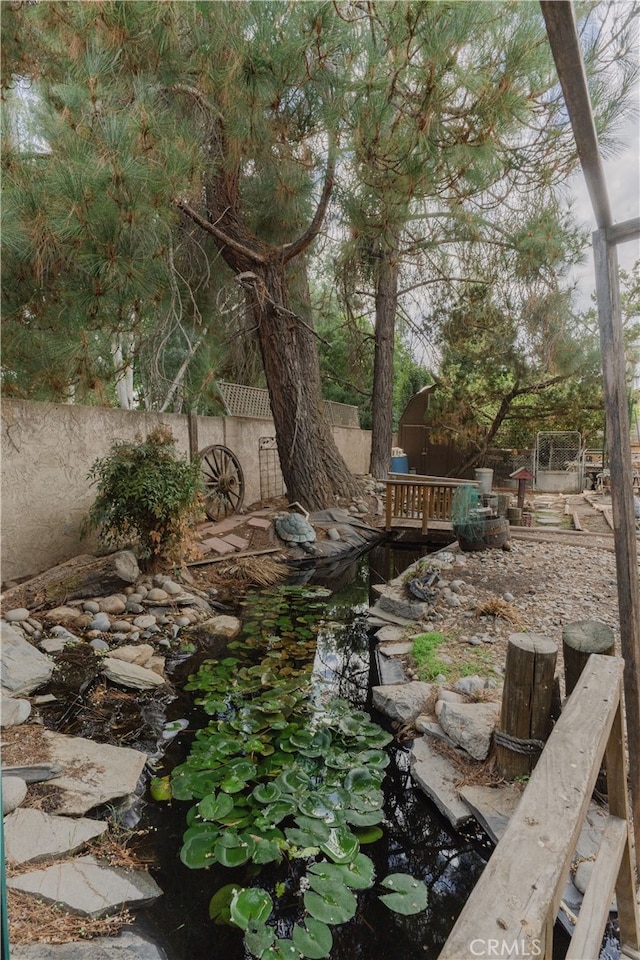 view of yard with a small pond