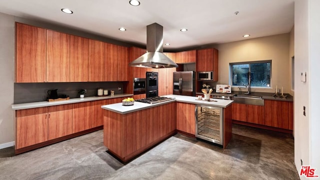 kitchen with carpet flooring, sink, island range hood, a kitchen island, and stainless steel appliances