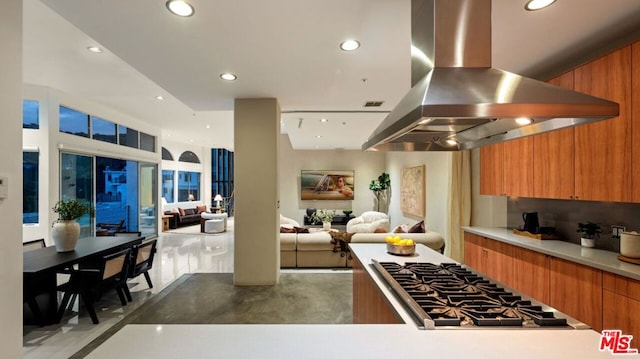 kitchen featuring island exhaust hood and stainless steel gas cooktop