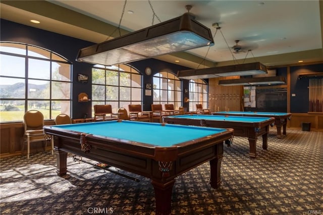 rec room featuring billiards, carpet flooring, a mountain view, and recessed lighting