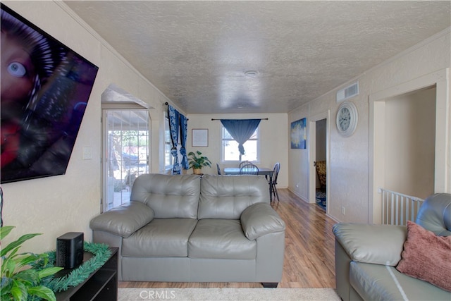 living room featuring a textured ceiling and light hardwood / wood-style flooring