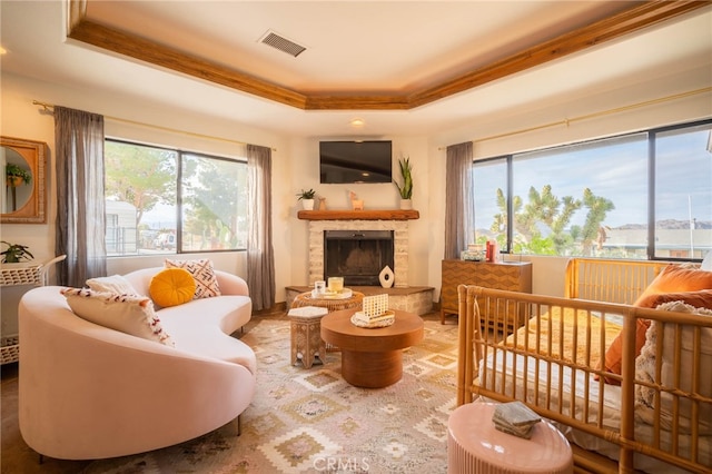 living room featuring a fireplace and a tray ceiling