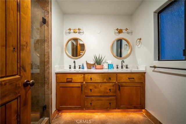 bathroom with walk in shower, tile patterned flooring, and vanity