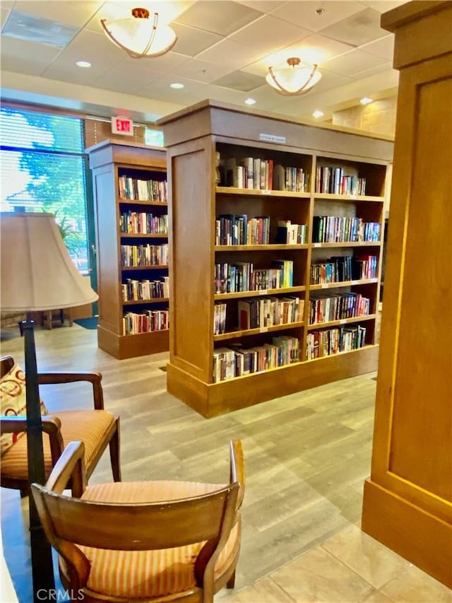 living area featuring built in shelves