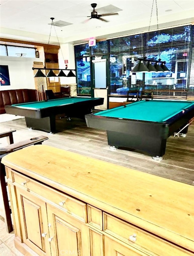 game room featuring ceiling fan, light tile patterned floors, and billiards