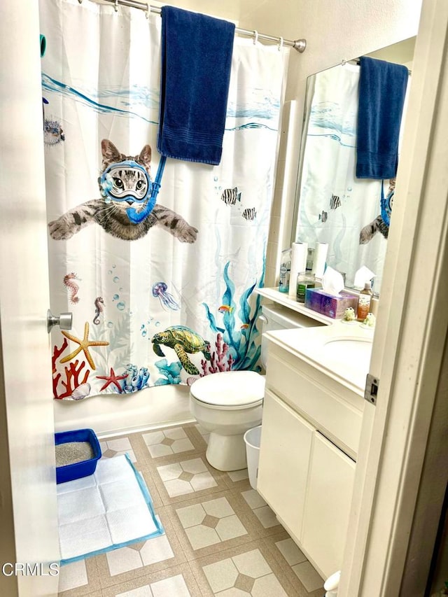 full bathroom with vanity, toilet, and shower / bath combination with curtain