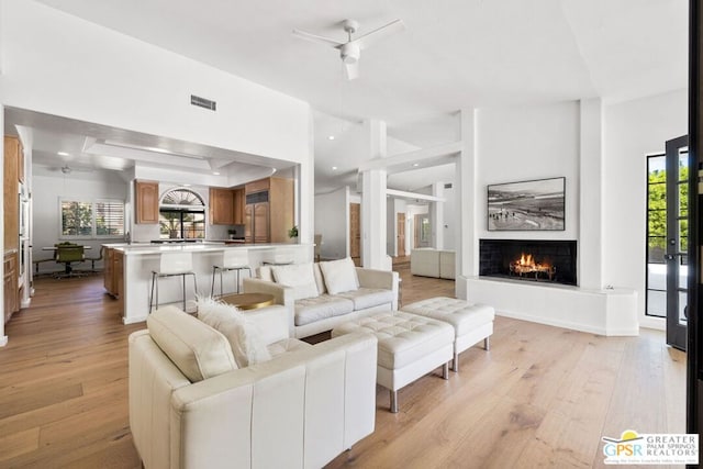 living room with ceiling fan and light wood-type flooring