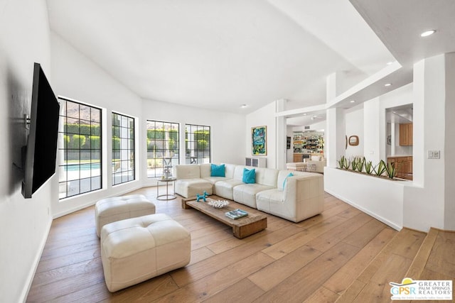 living room featuring light wood-type flooring and lofted ceiling