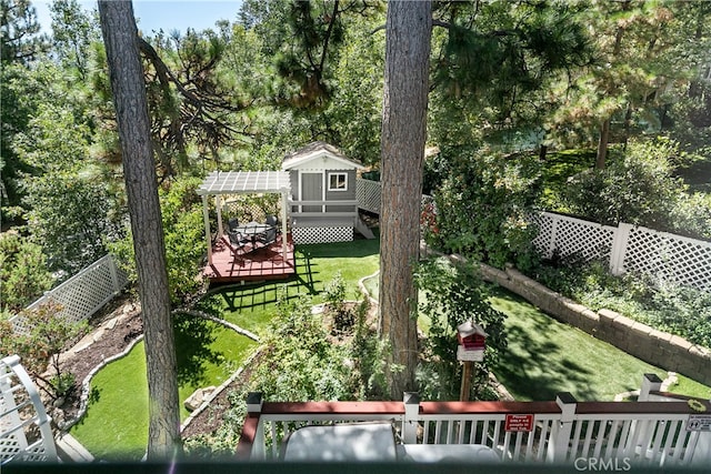 view of yard featuring a storage shed and a deck